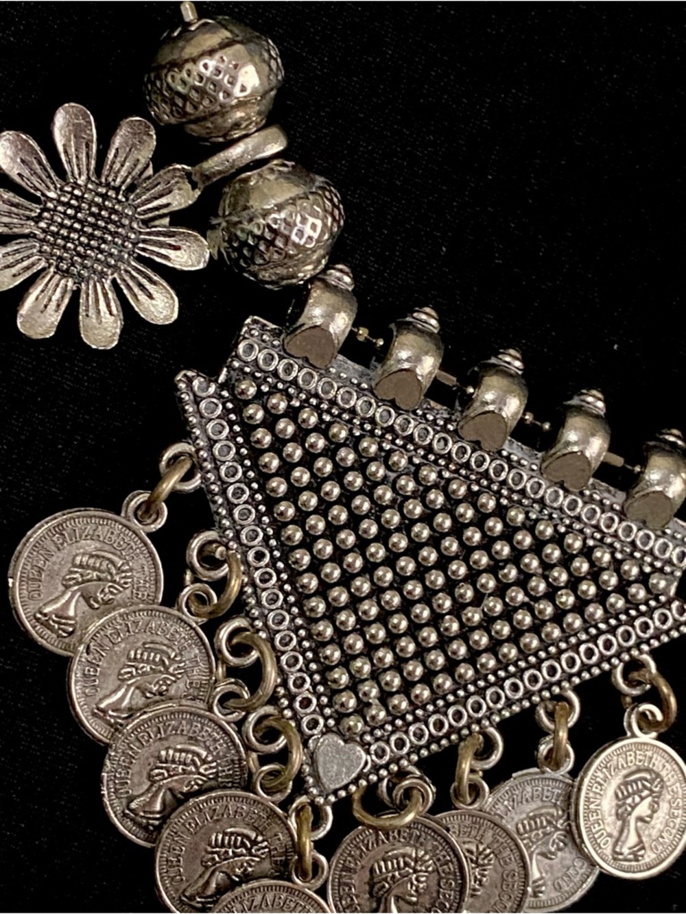Oxidized Silver-Tone Tribal Afghani Queen Elizabeth Coin Necklace